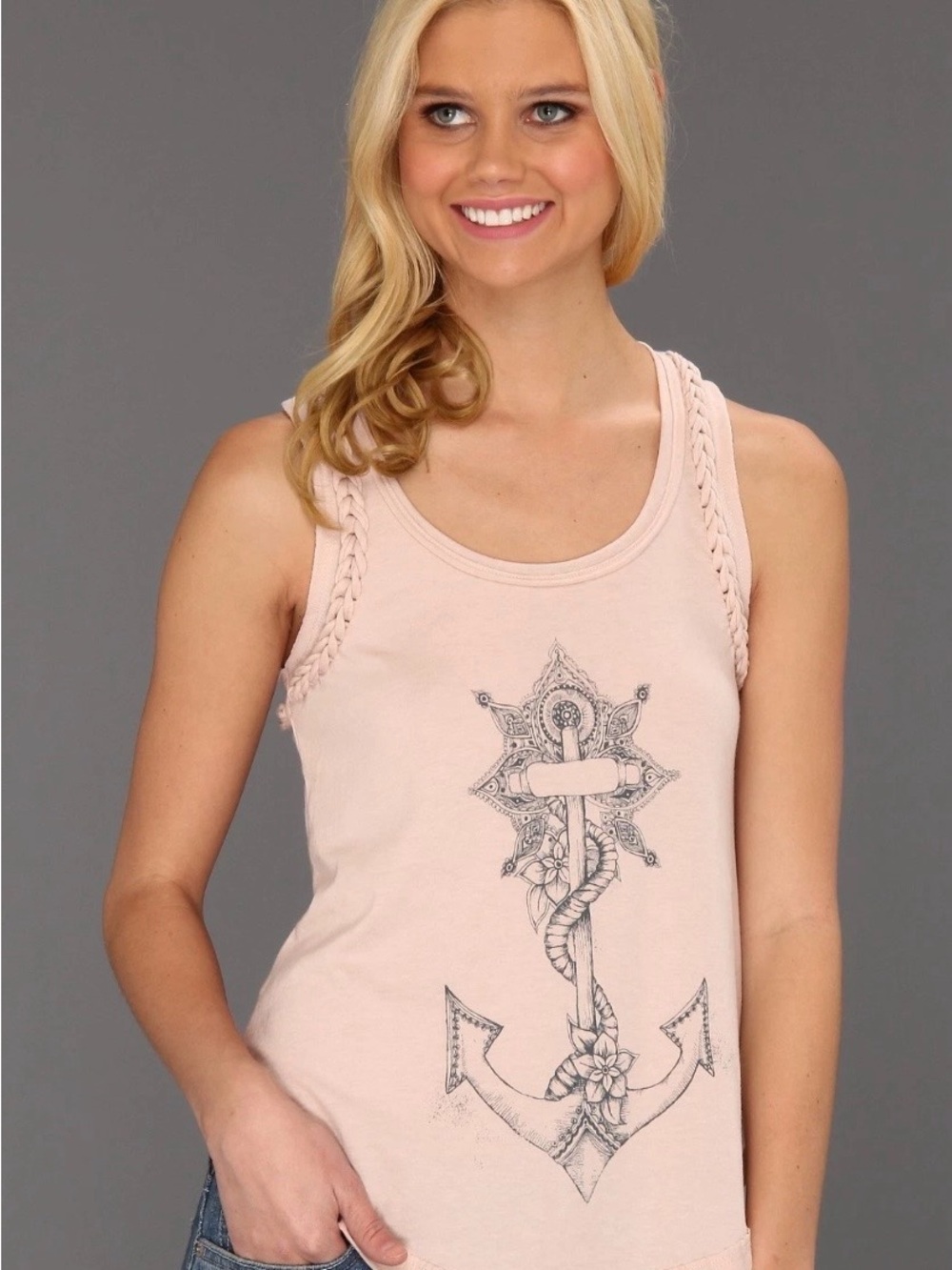 Free People Pale Pink Braided Strap Anchor Graphic Tank